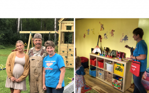 Yalena Klosner and their first student talk about instruments painted on the wall.